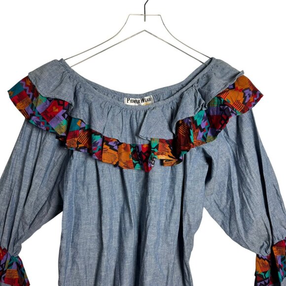 Vintage Pioneer Wear Southwest Ruffle Chambray Blouse Top Size Medium aztec - Picture 2 of 6